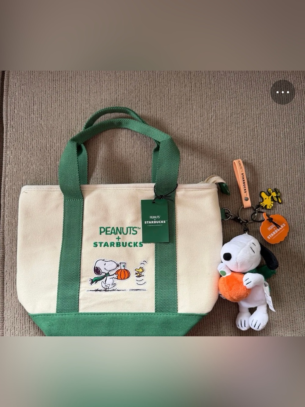 Starbucks x Peanuts Green & Cream Canvas Tote Bag with Snoopy Charm